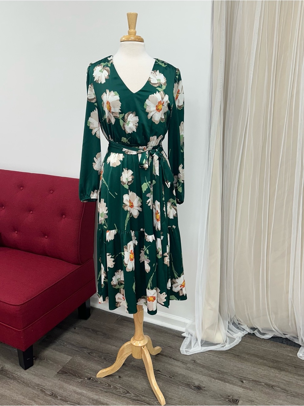 INC International Concepts 8 Green Floral Long Sleeve Fall Midi Dress